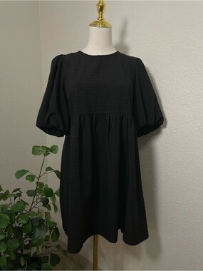 Mable Black Babydoll Dress Medium Puff Sleeve Mini Casual